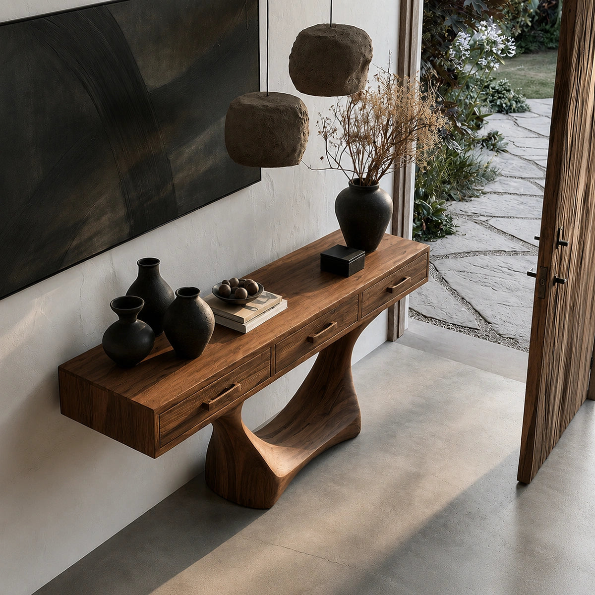 Natural Solid Wood Console Table with Three Drawers and Sculptural Pedestal Base