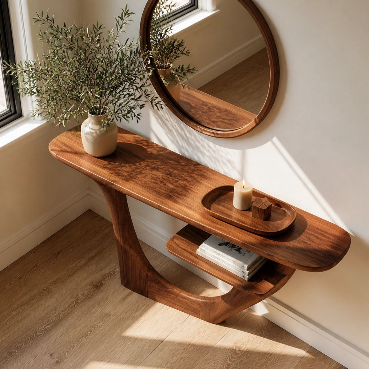 Natural Solid Wood Console Table with Sculptural Open Frame and Display Shelf