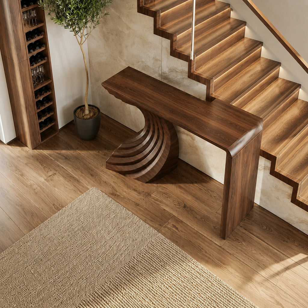 Sculptural Wave Base Natural Solid Wood Console Table for Entryways