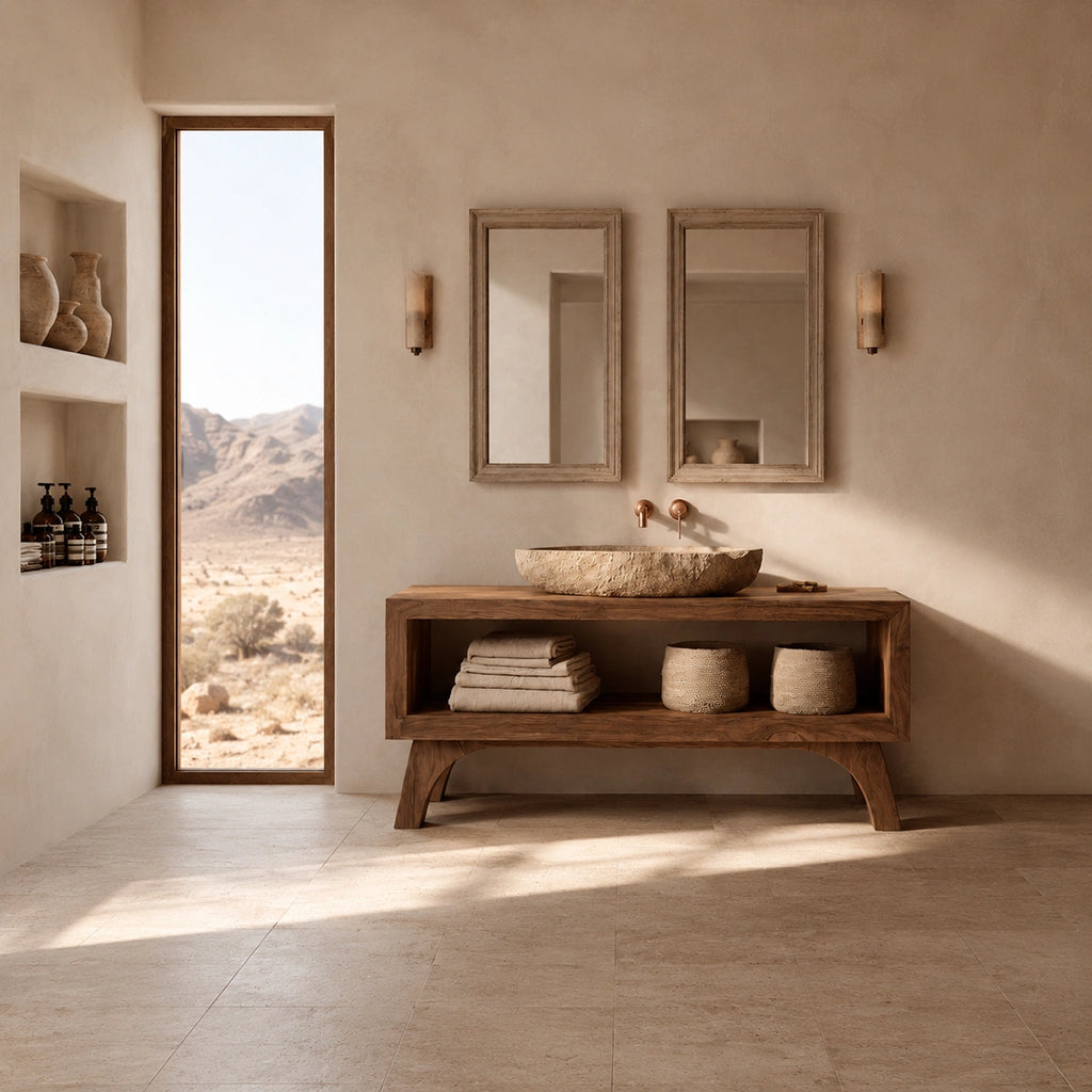 Natural Solid Wood Bathroom Vanity with Open Shelf – Rustic Wabi Sabi Style