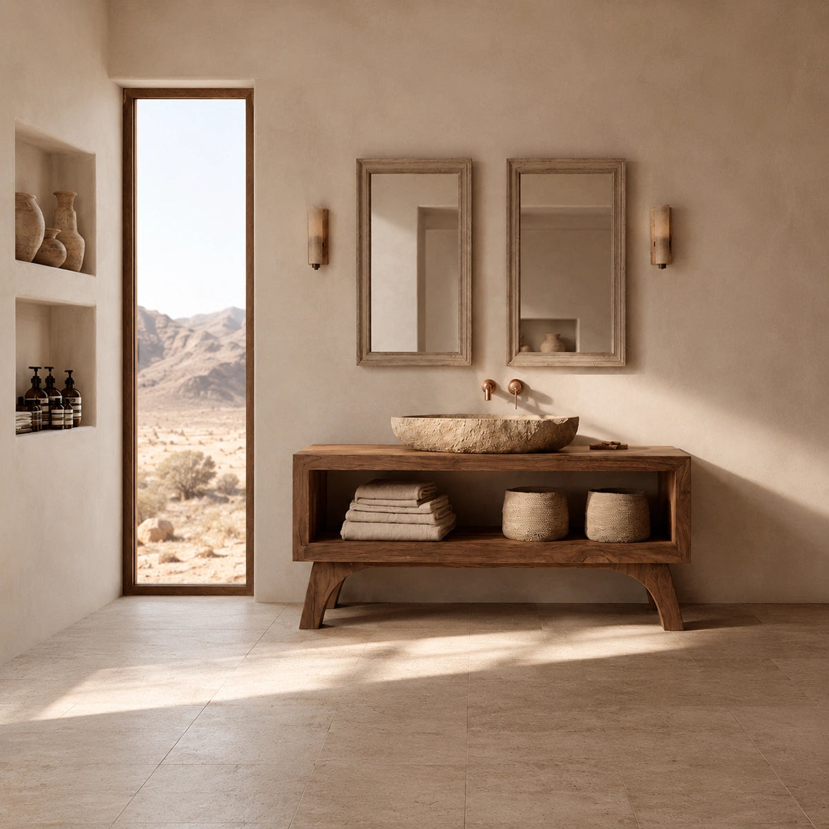 Natural Solid Wood Bathroom Vanity with Open Shelf – Rustic Wabi Sabi Style