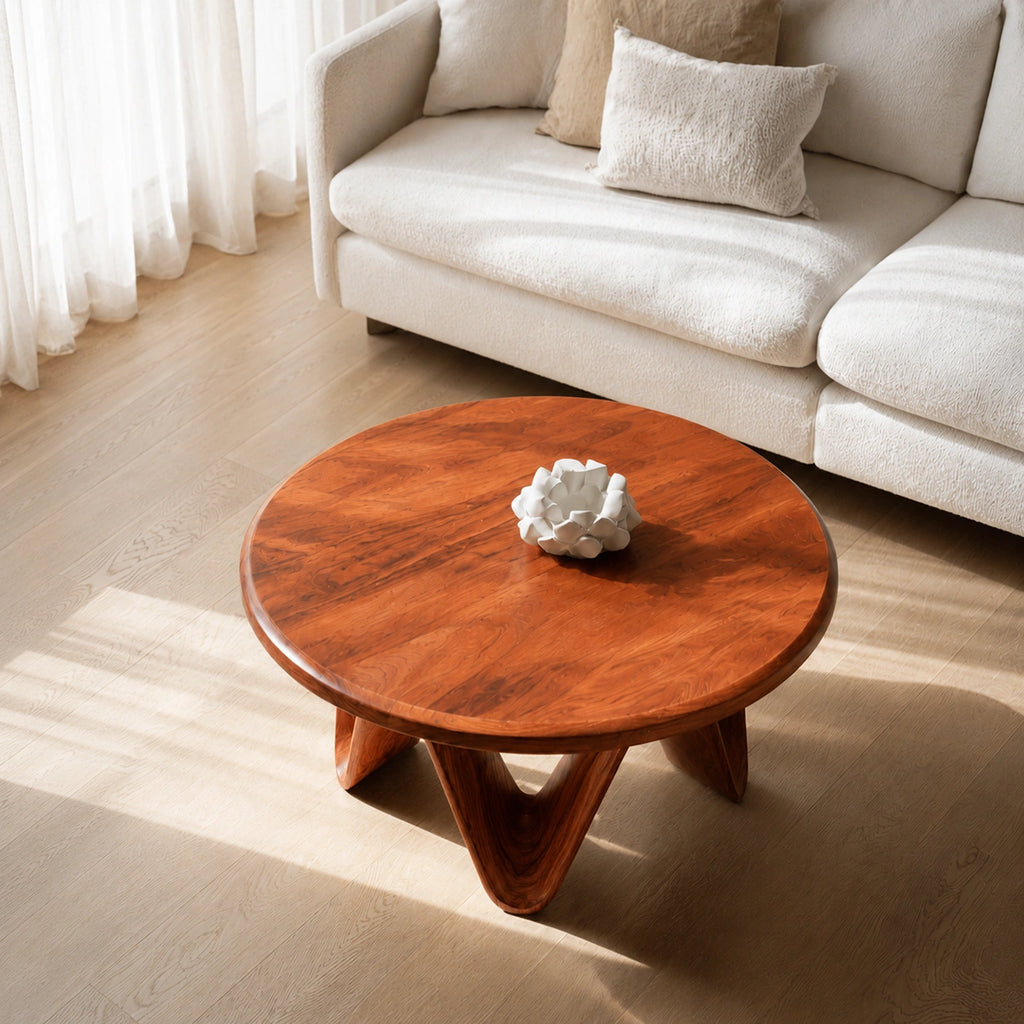 Natural Solid Wood Round Coffee Table with Sculptural V-Shaped Legs