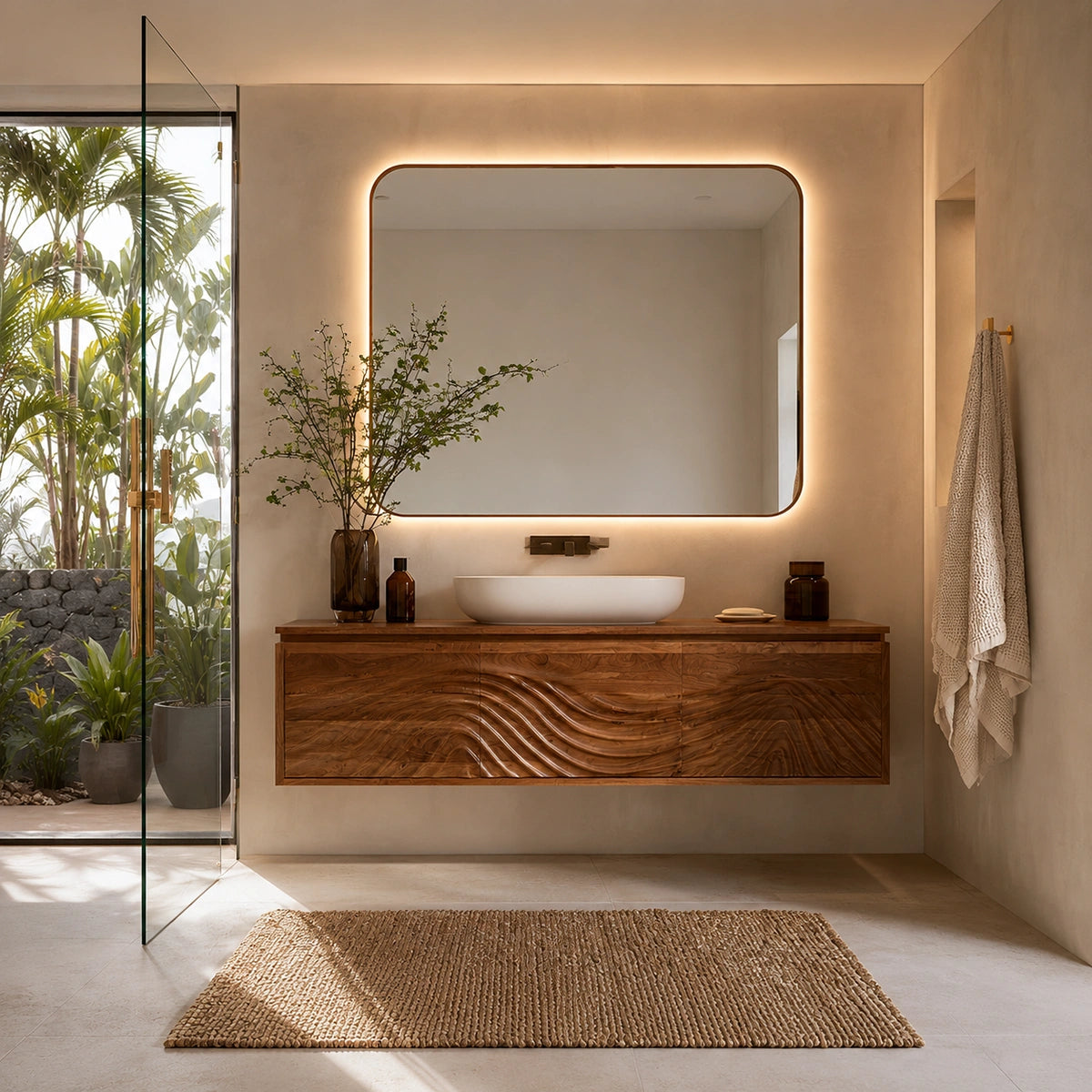 Natural Solid Wood Bathroom Cabinet – Wave Front Modern Style