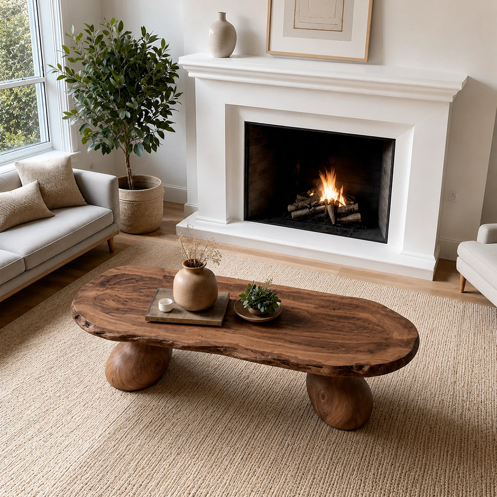Natural Solid Wood Live Edge Coffee Table with Sculptural Curved Pedestal Legs
