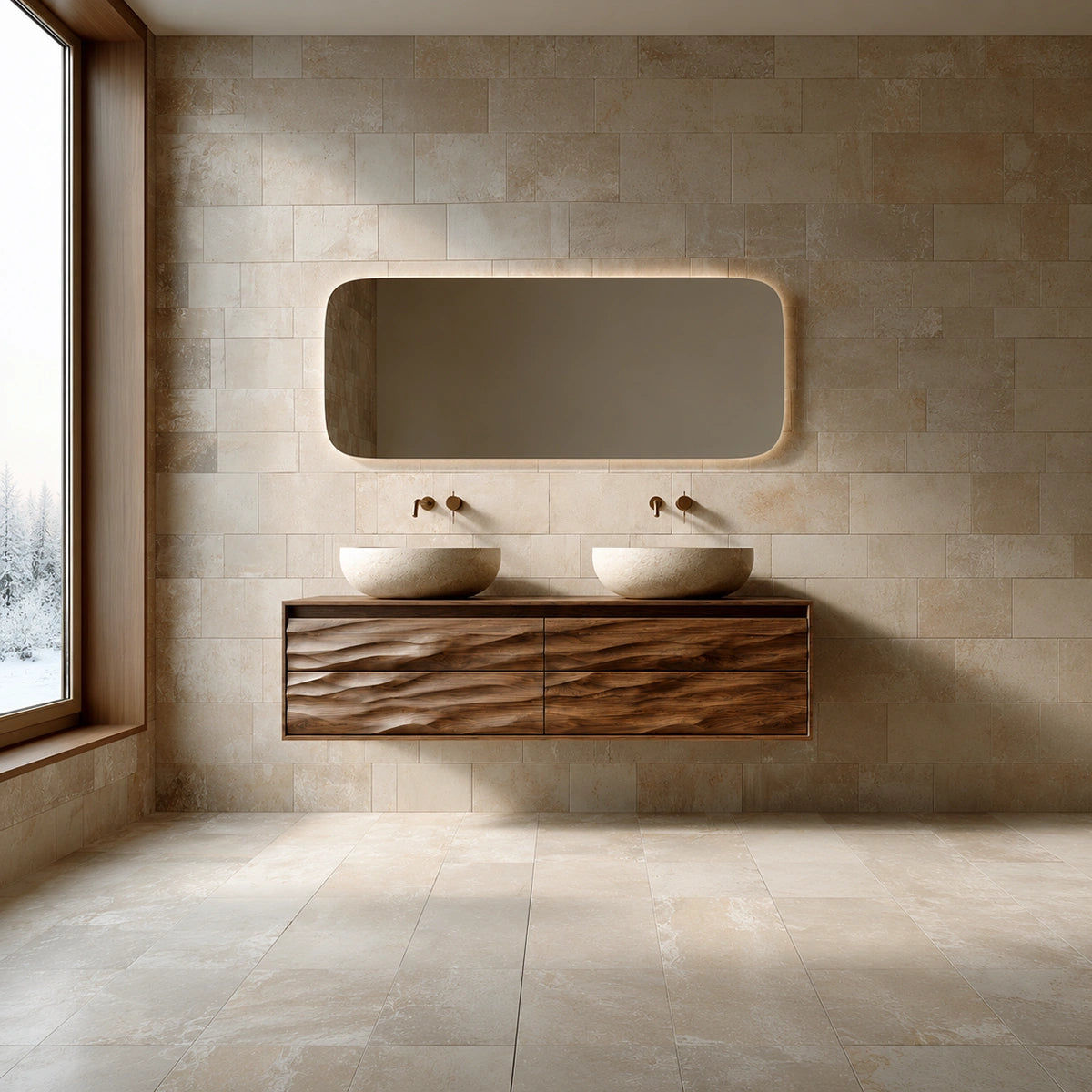 Natural Solid Wood Floating Double Bathroom Vanity with 4 Sculpted Drawers
