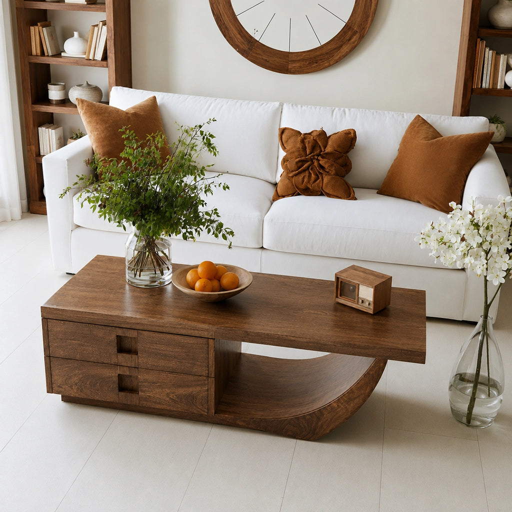 Natural Solid Wood Coffee Table – Sculptural Modern Storage Style