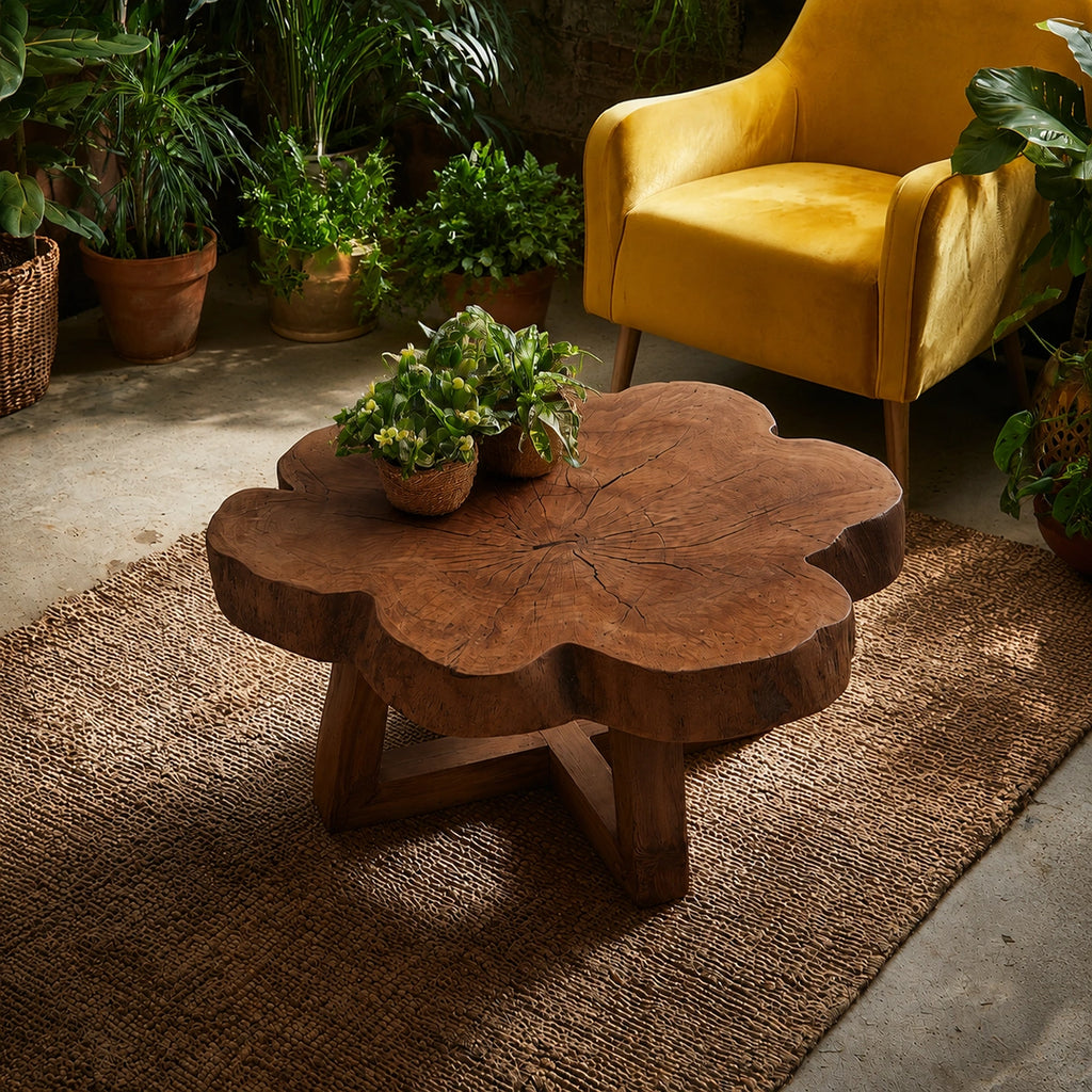 Natural Solid Wood Coffee Table with Organic Live Edge Top and Cross Base