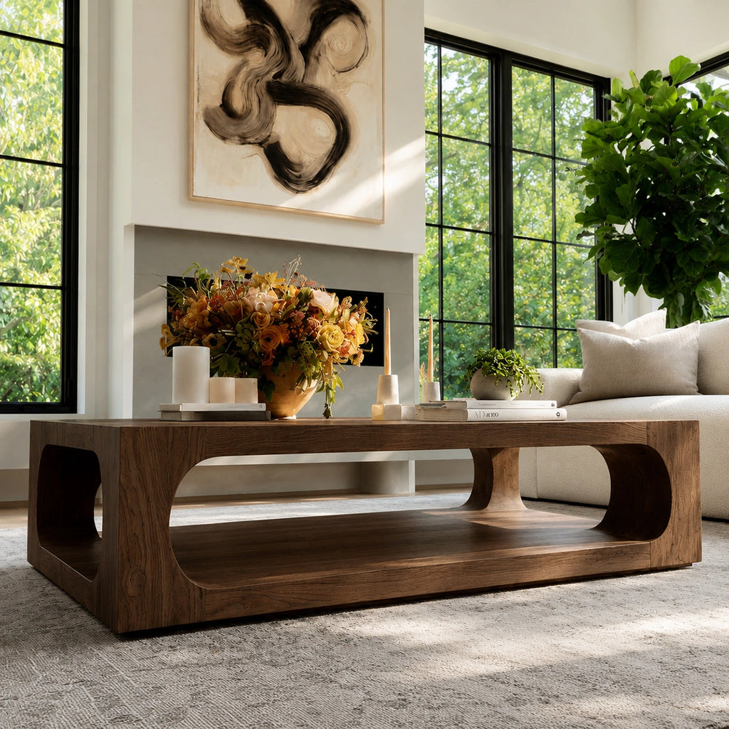 Natural Solid Wood Coffee Table with Open Shelf – Modern Style