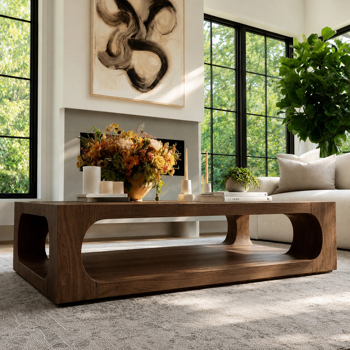 Natural Solid Wood Coffee Table with Open Shelf – Modern Style