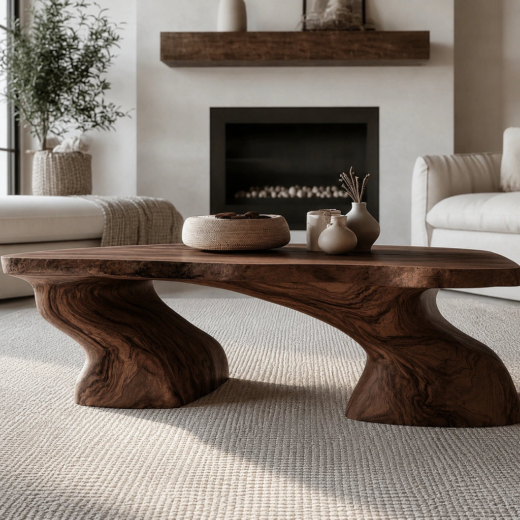 Natural Solid Wood Coffee Table with Sculptural Curved Base