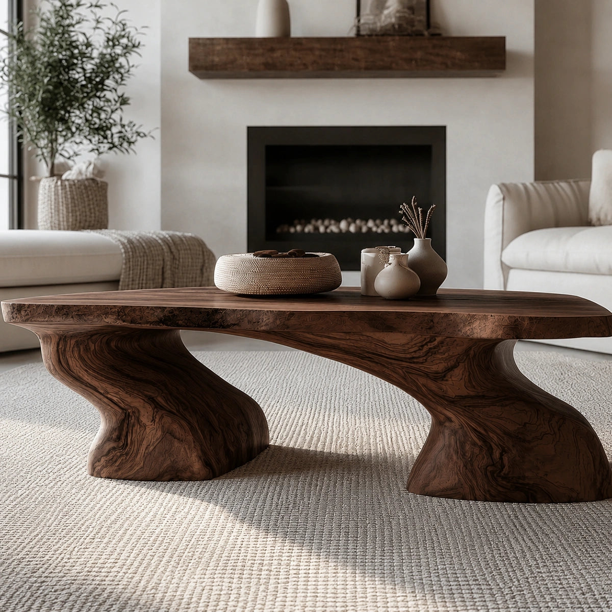 Natural Solid Wood Coffee Table with Sculptural Curved Base