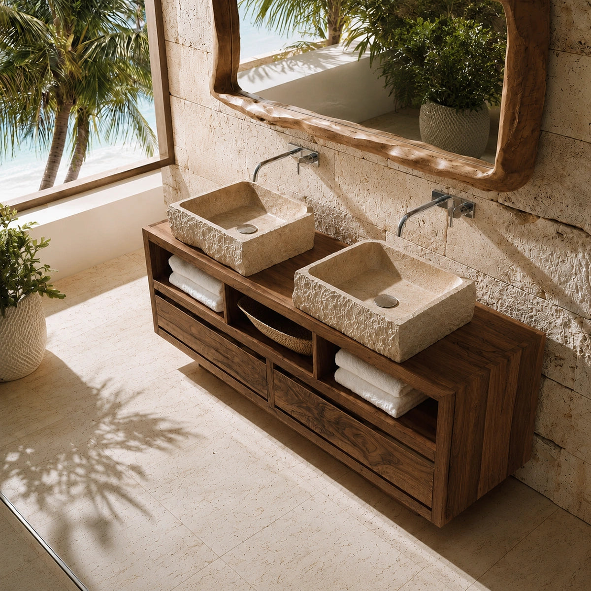 Natural Solid Wood Bathroom Vanity with 2 Drawers and 3 Open Shelves