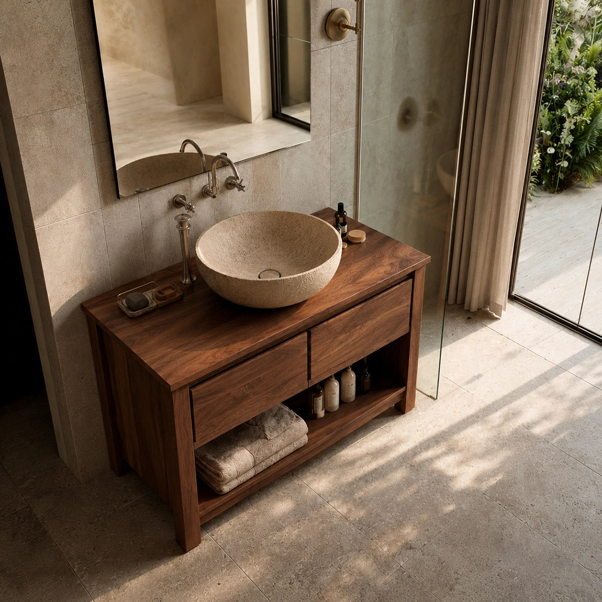 Natural Solid Wood Bathroom Vanity with 2 Drawers and Open Shelf