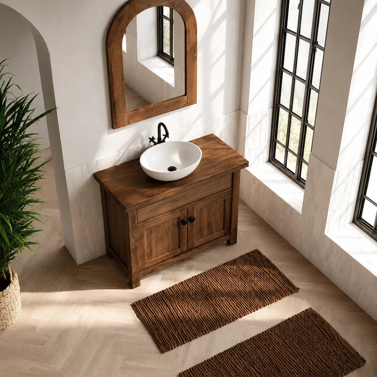 Natural Solid Wood Bathroom Vanity with Drawer and 2 Doors – Rustic Style