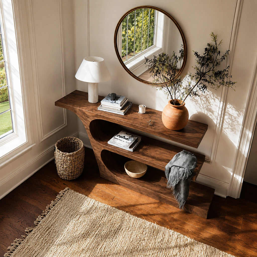 Natural Solid Wood Console Table with Sculptural Open Shelf Design