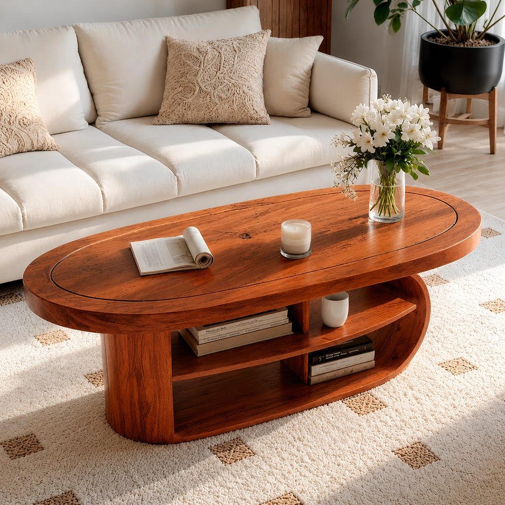 Natural Solid Wood Oval Coffee Table with Open Shelves and Curved Loop Base
