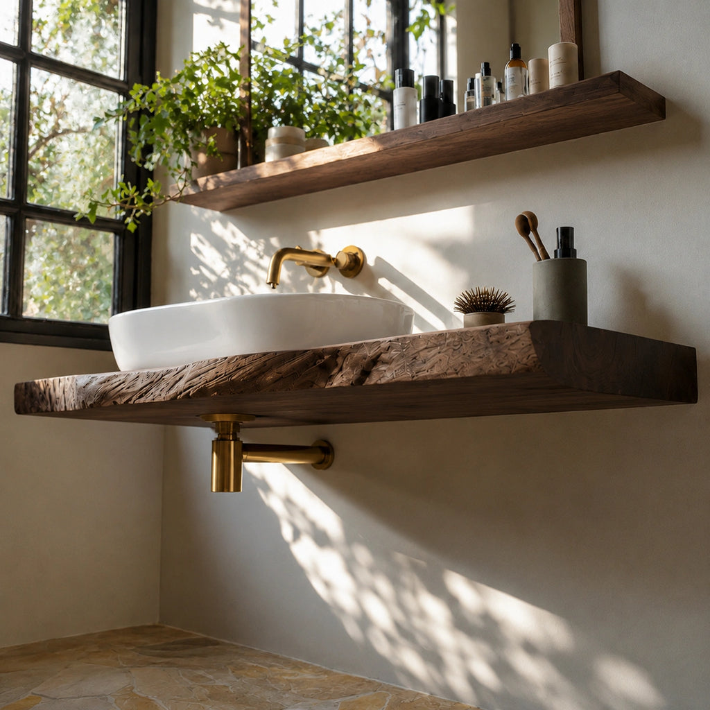 Natural Solid Wood Floating Bathroom Vanity with Sculptural Live Edge Top