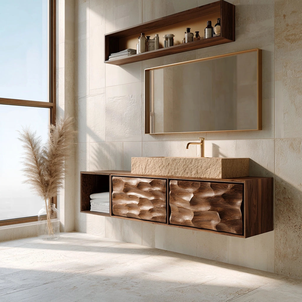 Natural Solid Wood Bathroom Cabinet with Side Shelf and 2 Doors