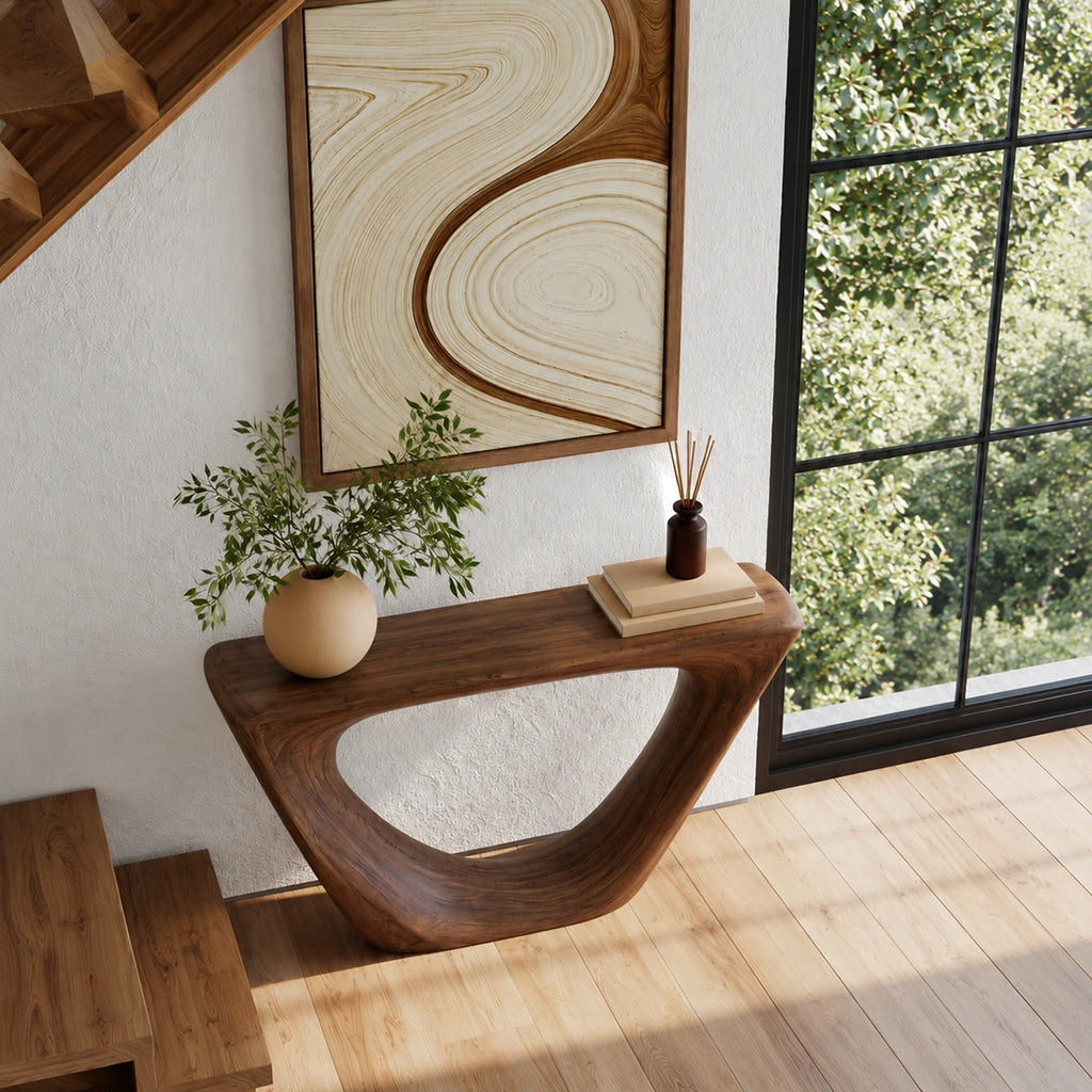 Sculptural Natural Solid Wood Console Table with Open Geometric Base