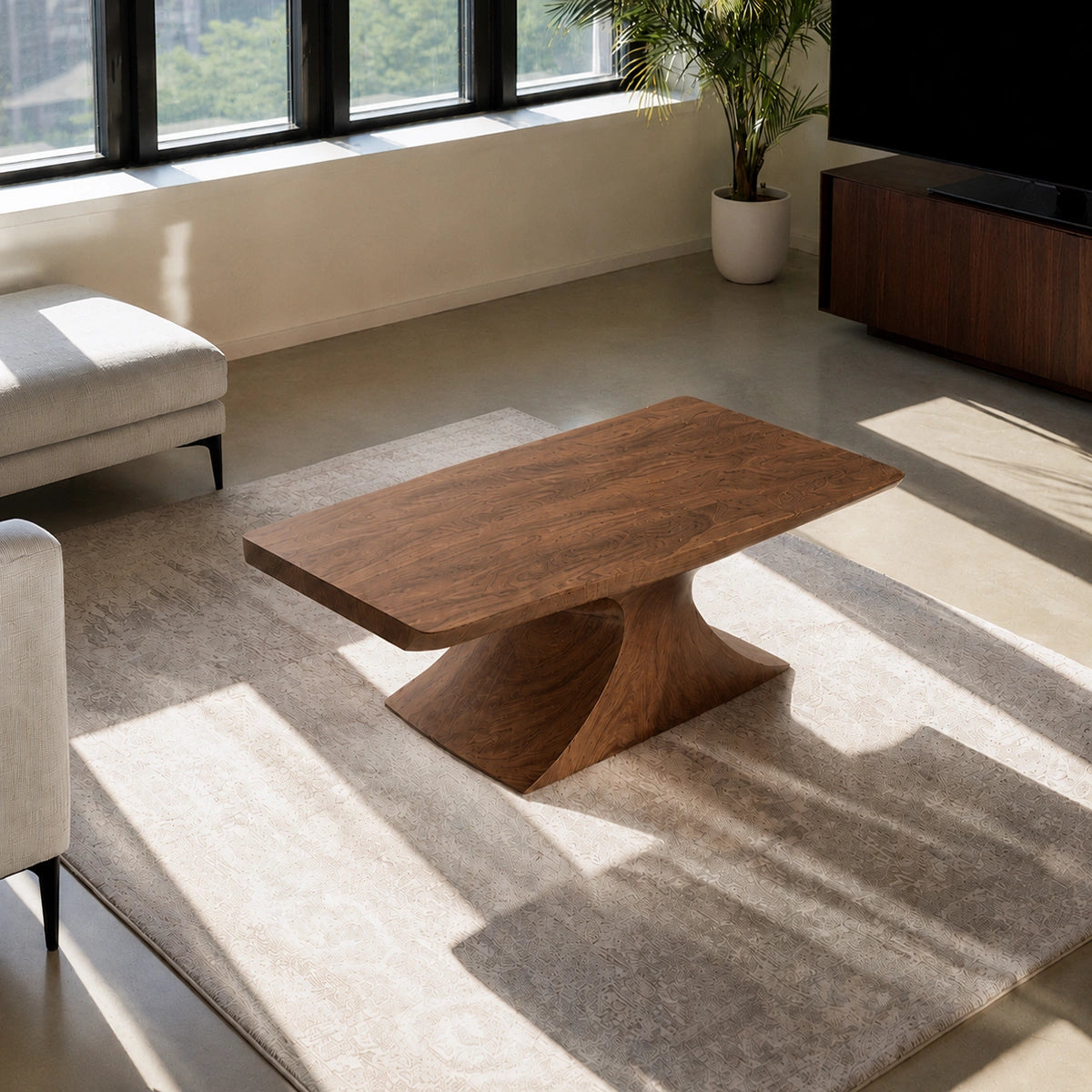 Natural Solid Wood Coffee Table – Sculptural Pedestal Modern Style