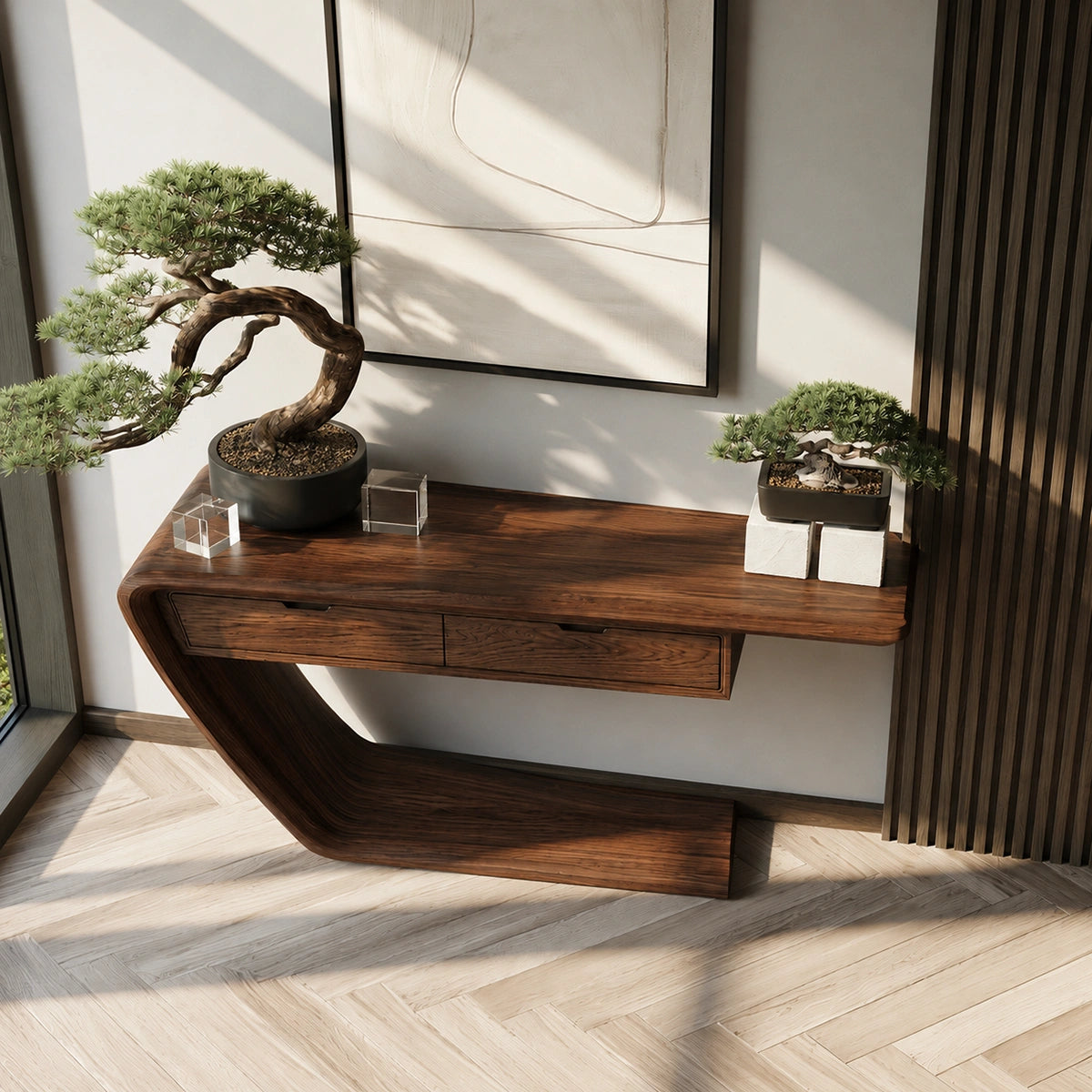 Floating Curve Natural Solid Wood Console Table with Dual Drawers
