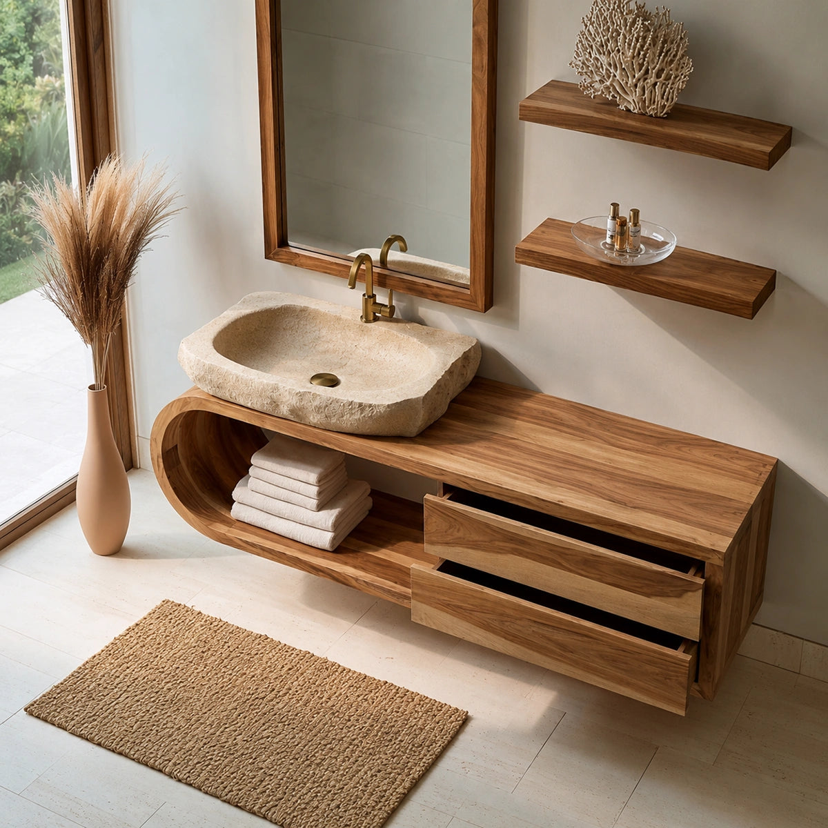 Natural Solid Wood Bathroom Cabinet with 4 Drawers – Wave Front Modern Style