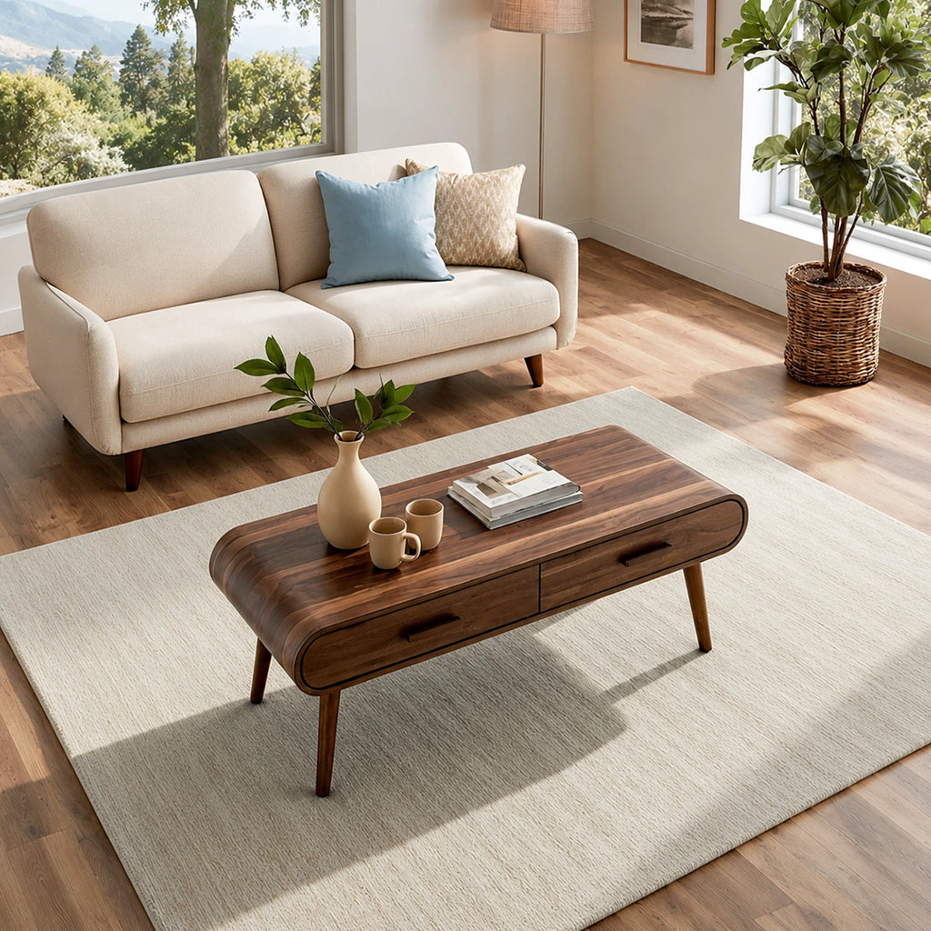 Natural Solid Wood Coffee Table with 2 Drawers – Mid-Century Modern Style