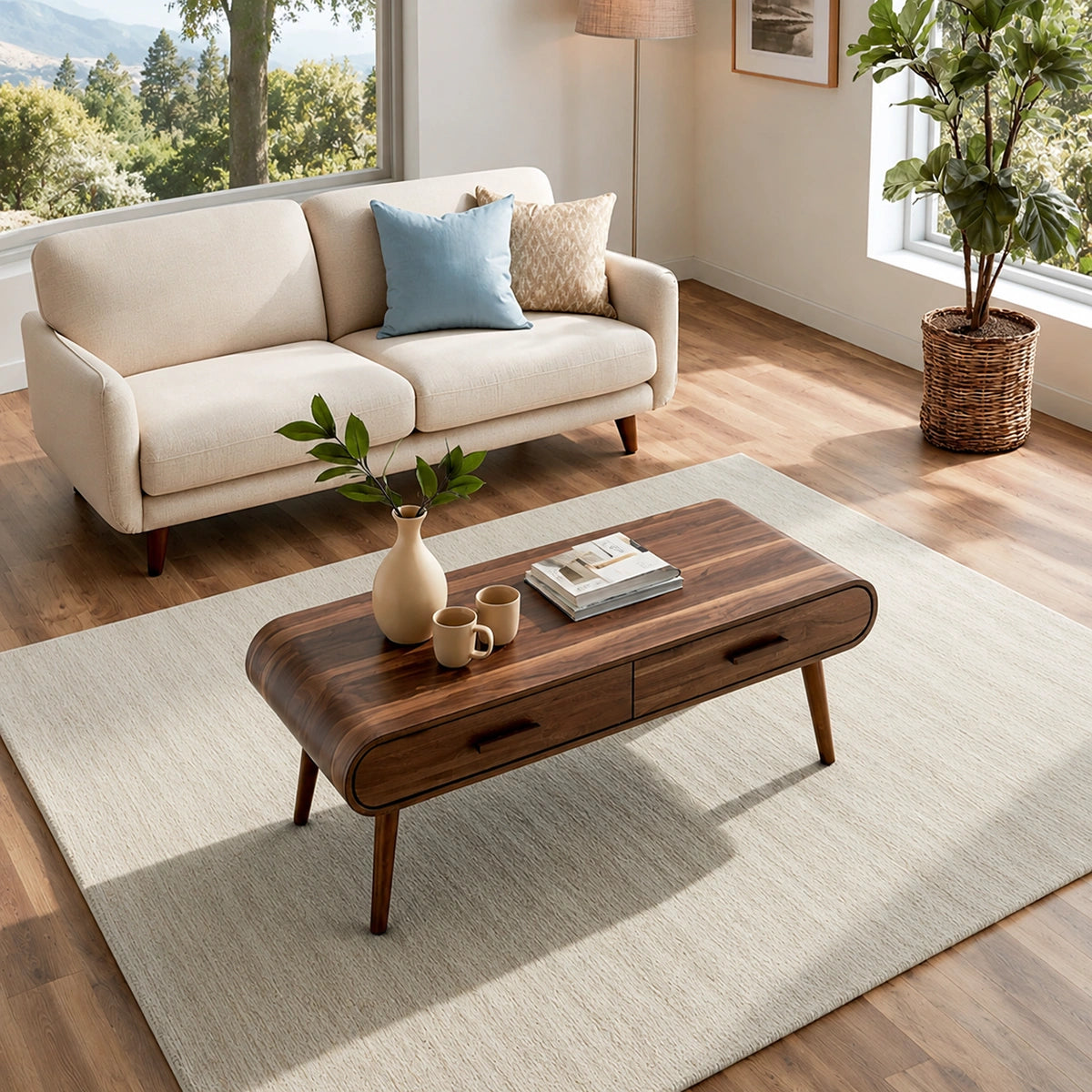Natural Solid Wood Coffee Table with 2 Drawers – Mid-Century Modern Style