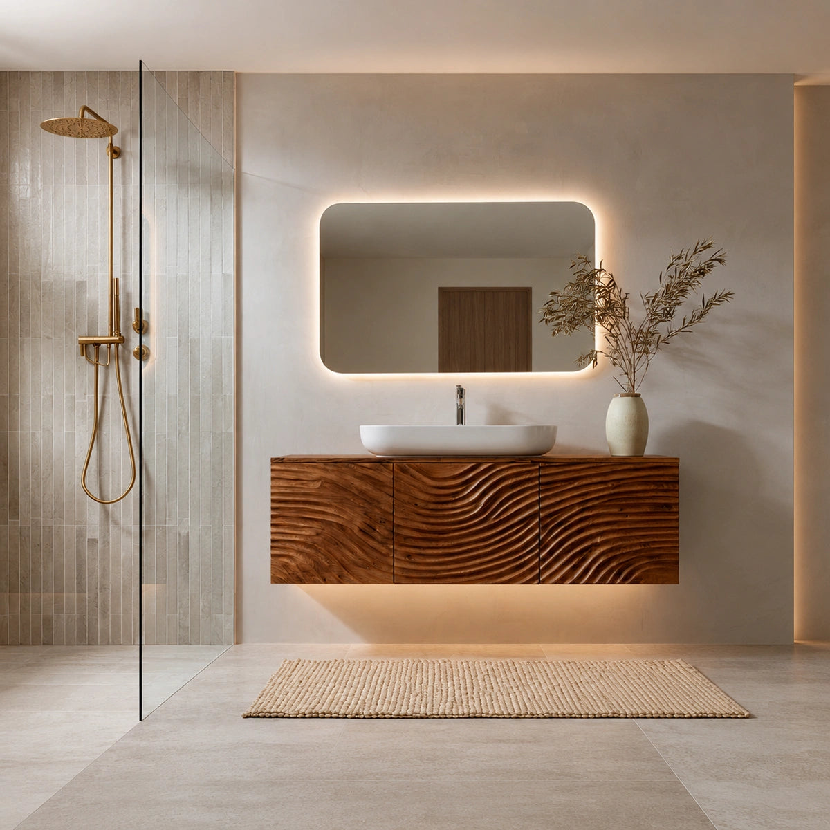 Natural Solid Wood Bathroom Cabinet – Sculpted Wave Modern Style