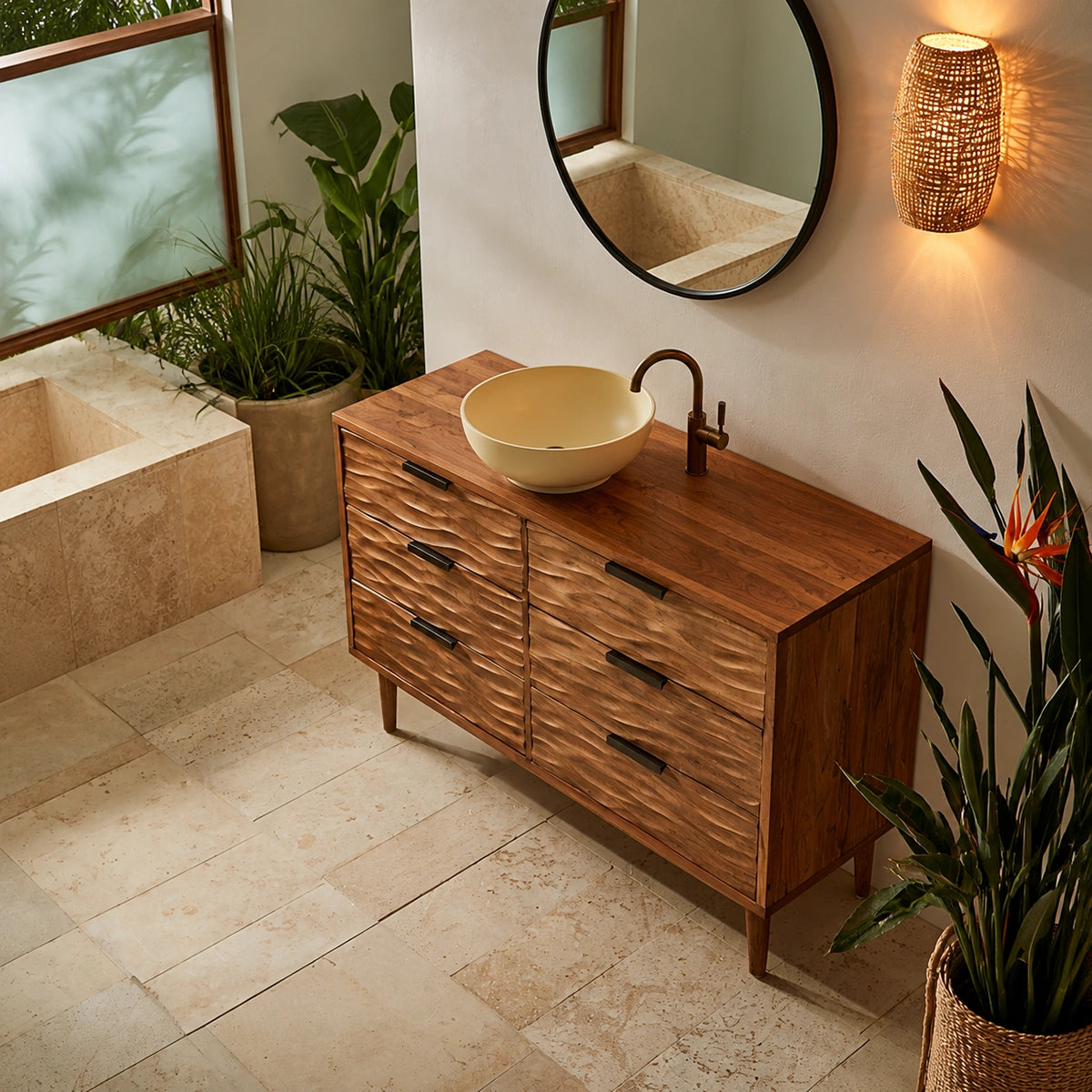 Solid Wood Bathroom Vanity Cabinet with Textured Drawer Fronts – Modern Rustic Floating Sink Console, Walnut Finish Storage Cabinet