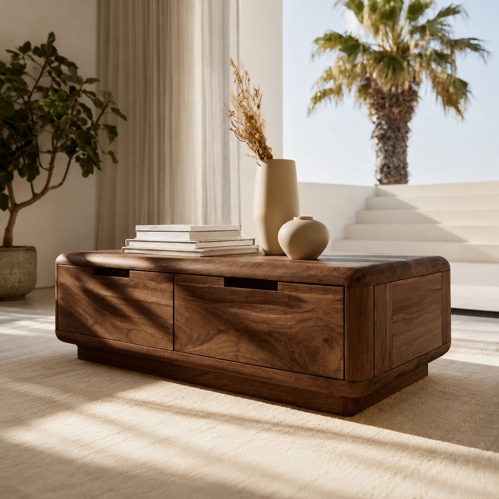 Natural Solid Wood Coffee Table – Rounded Modern Storage Style