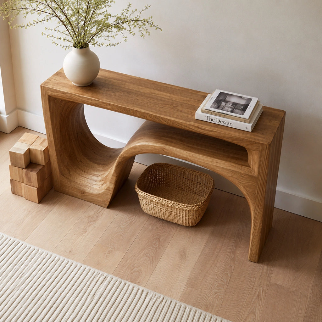 Flow Arch Natural Solid Wood Console Table with Open Storage Shelf