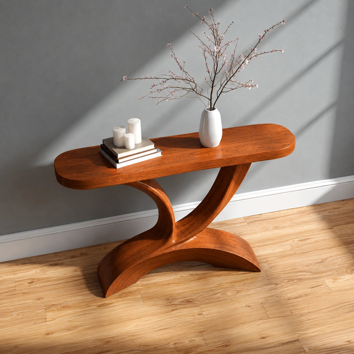 Sculptural Natural Solid Wood Console Table with Curved Pedestal Base