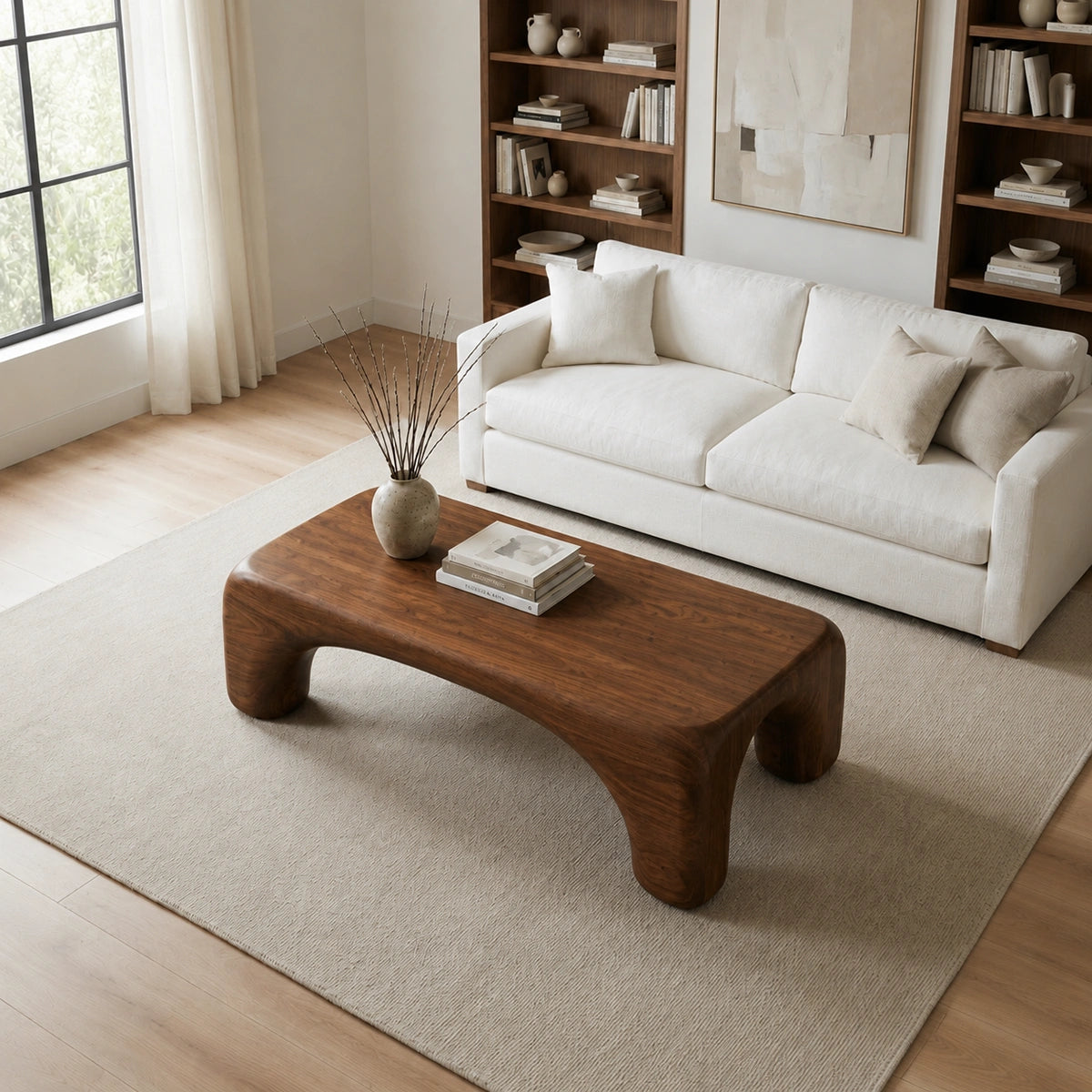 Natural Solid Wood Coffee Table with Rounded Top and Sculptural Arch Legs