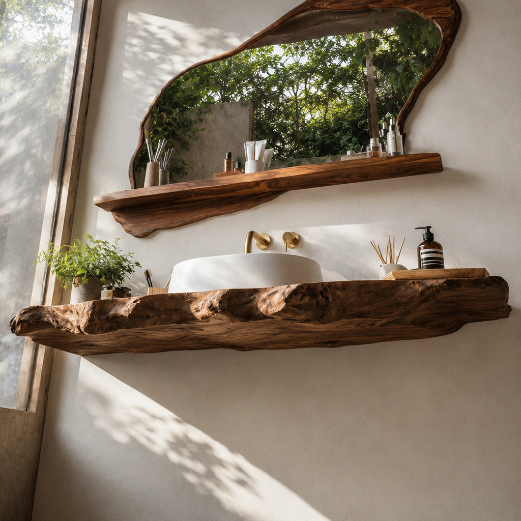 Natural Solid Wood Floating Bathroom Vanity with Sculptural Live Edge Slab