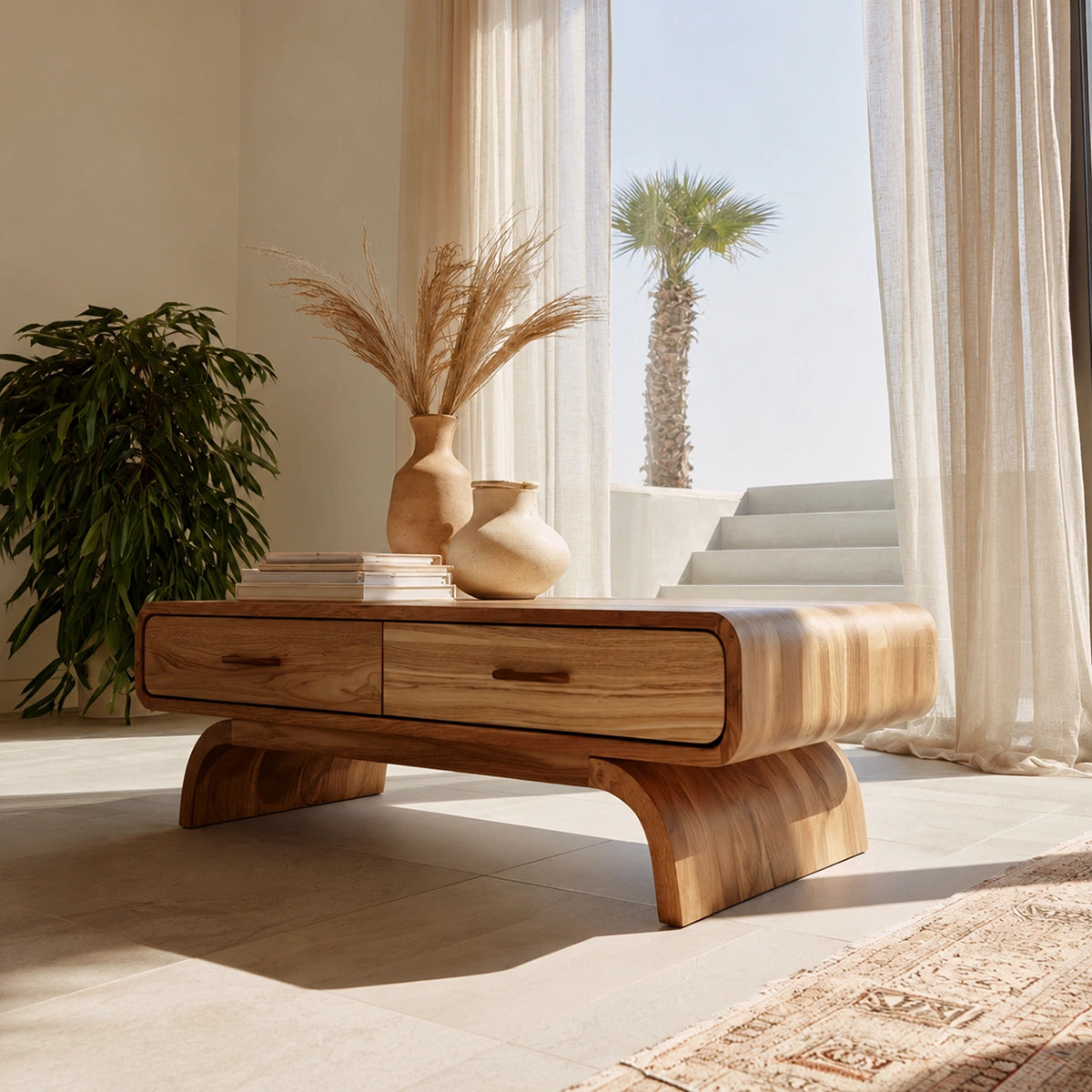 Natural Solid Wood Coffee Table with 2 Drawers – Rounded Japandi Style