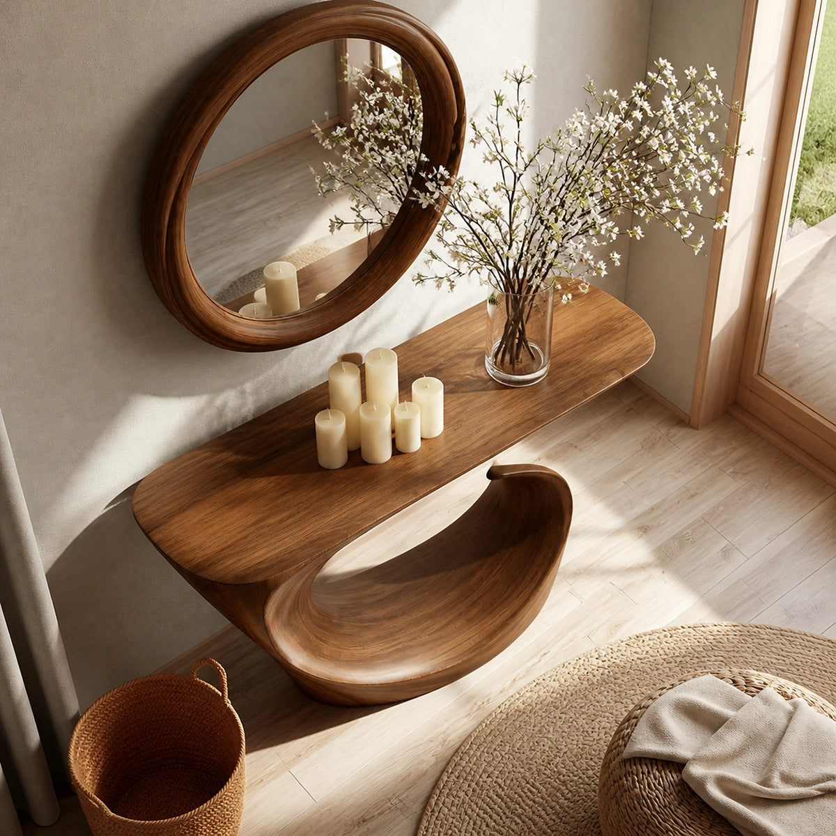 Wave Form Natural Solid Wood Console Table for Modern Entryways