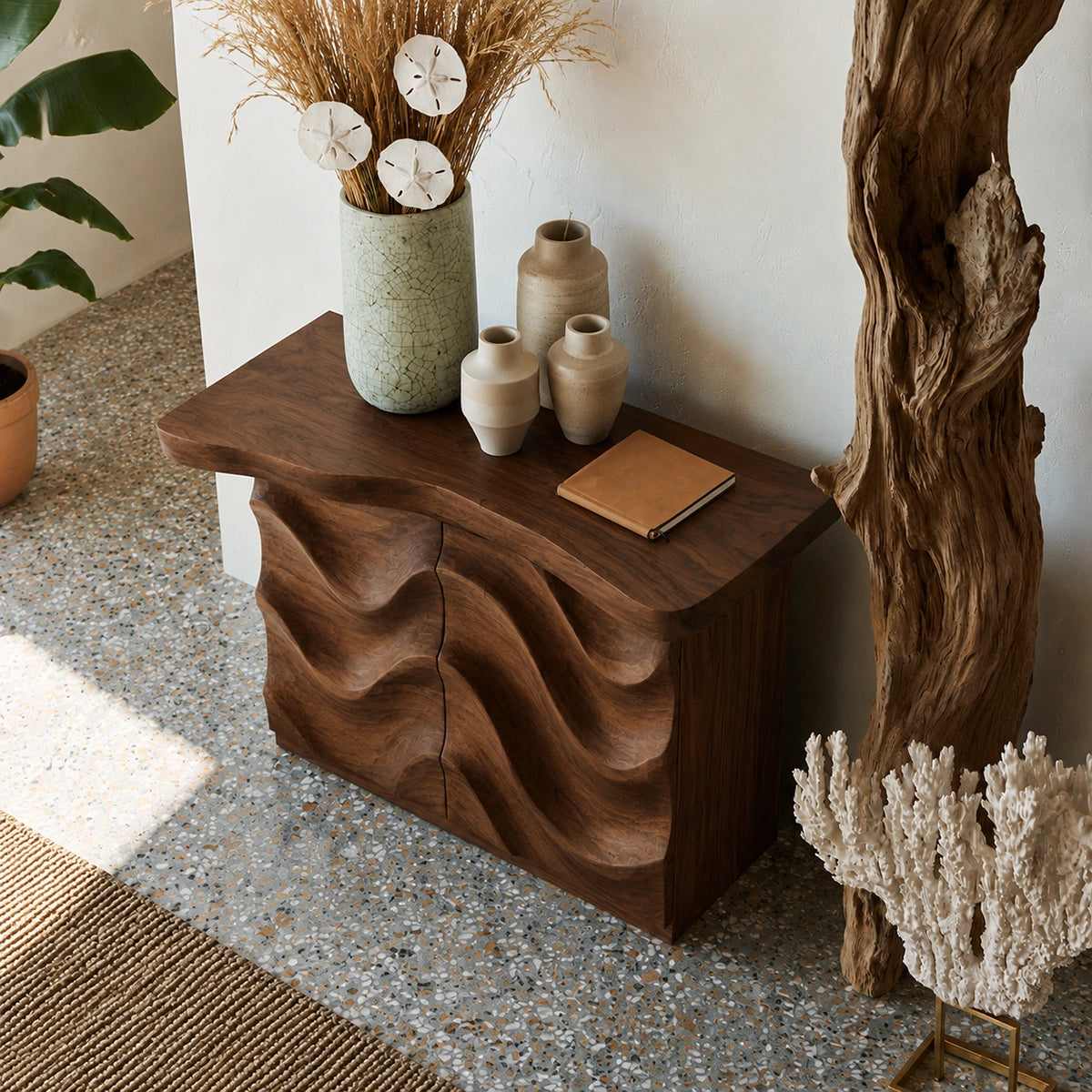 Wave Front Natural Solid Wood Sideboard Cabinet with Hidden Storage