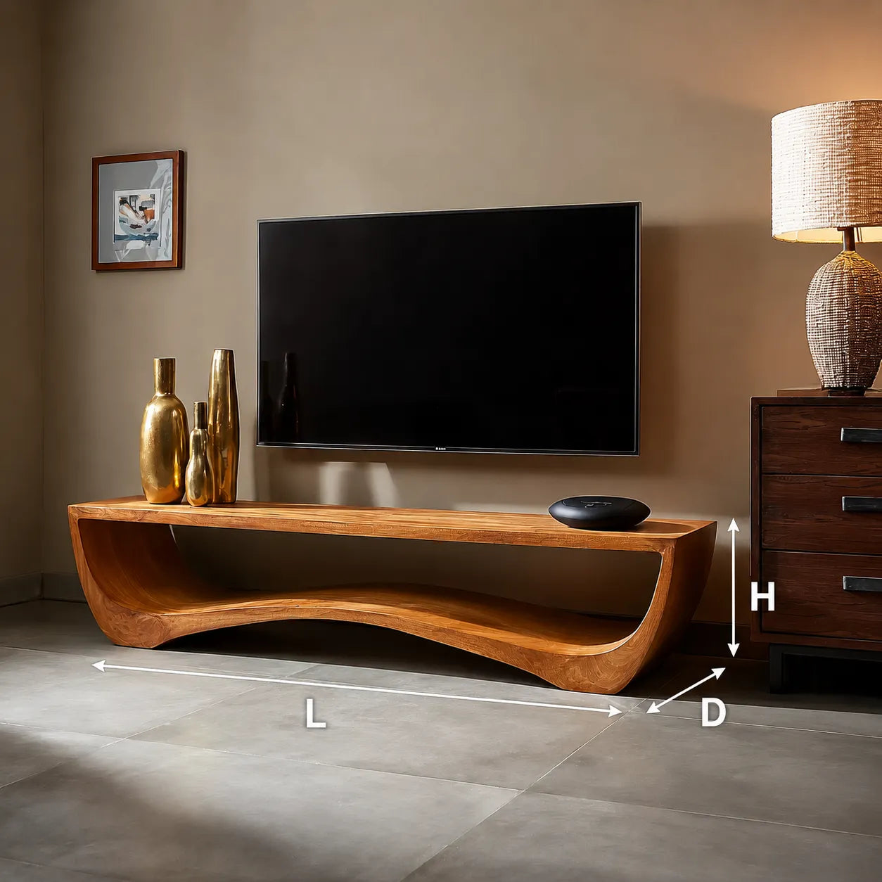 Sculptural Natural Solid Wood Wave TV Stand for Modern Living Rooms