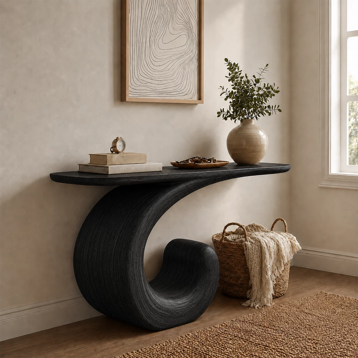 Sculptural Spiral Console Table in Natural Solid Wood