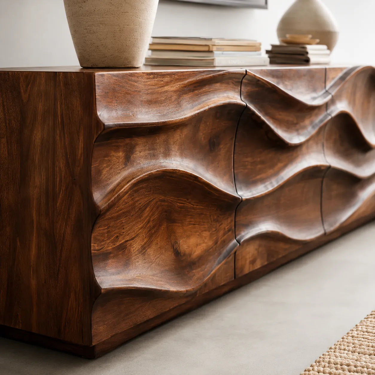 Sculpted Wave Natural Solid Wood TV Stand with Eight Drawer Storage
