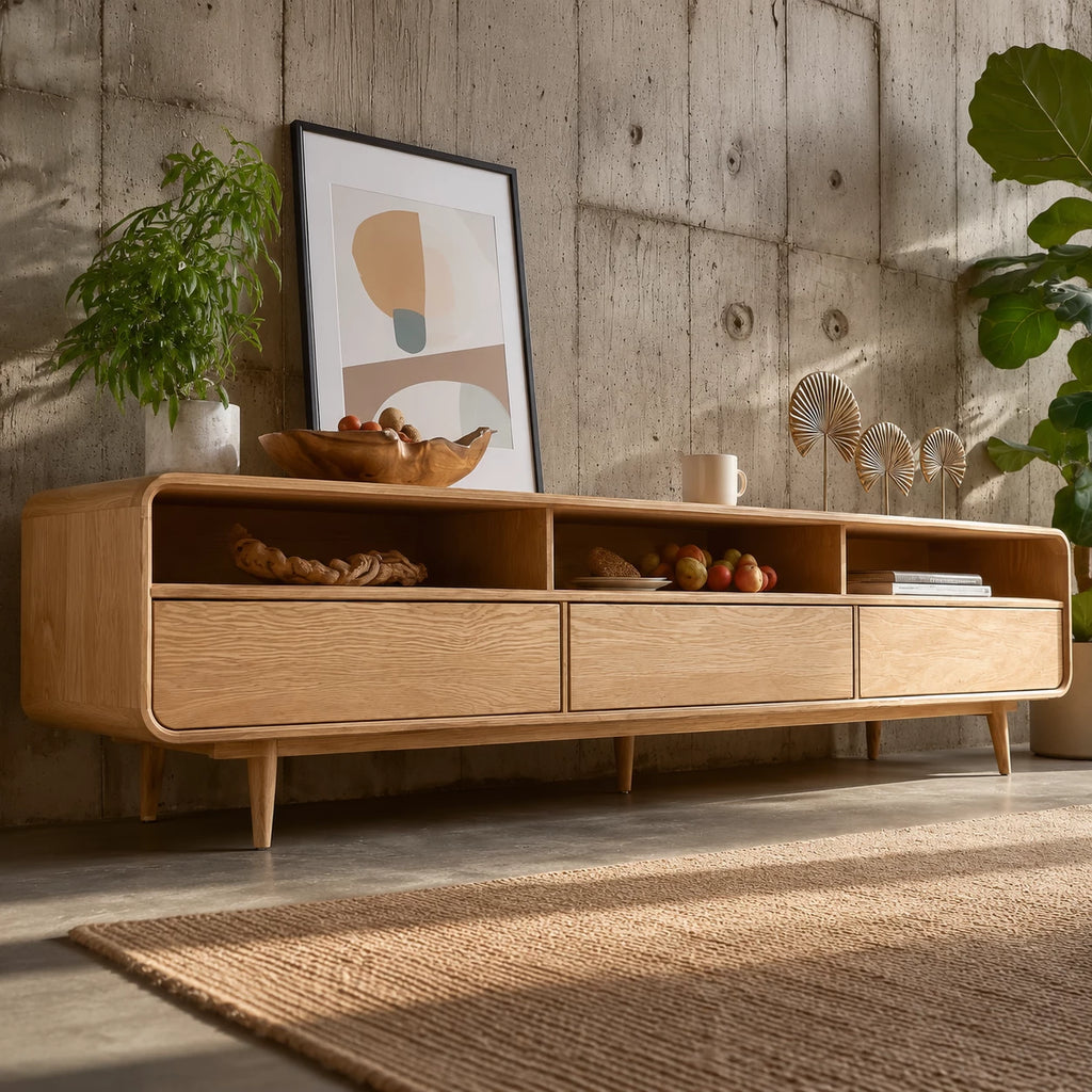 Scandinavian Natural Solid Wood TV Stand with Open Shelf Storage