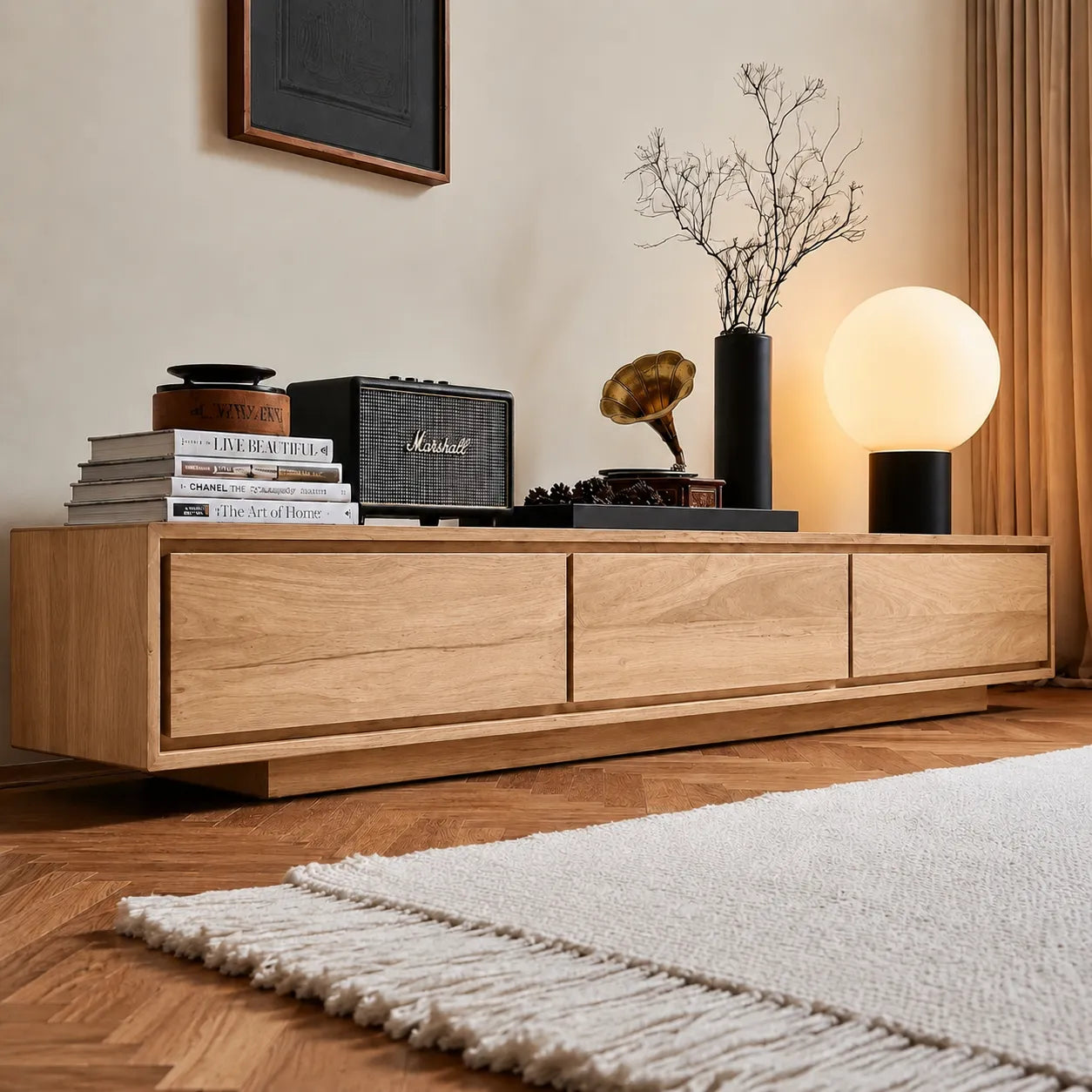 Contemporary Low Profile TV Stand with Seamless Storage Panels