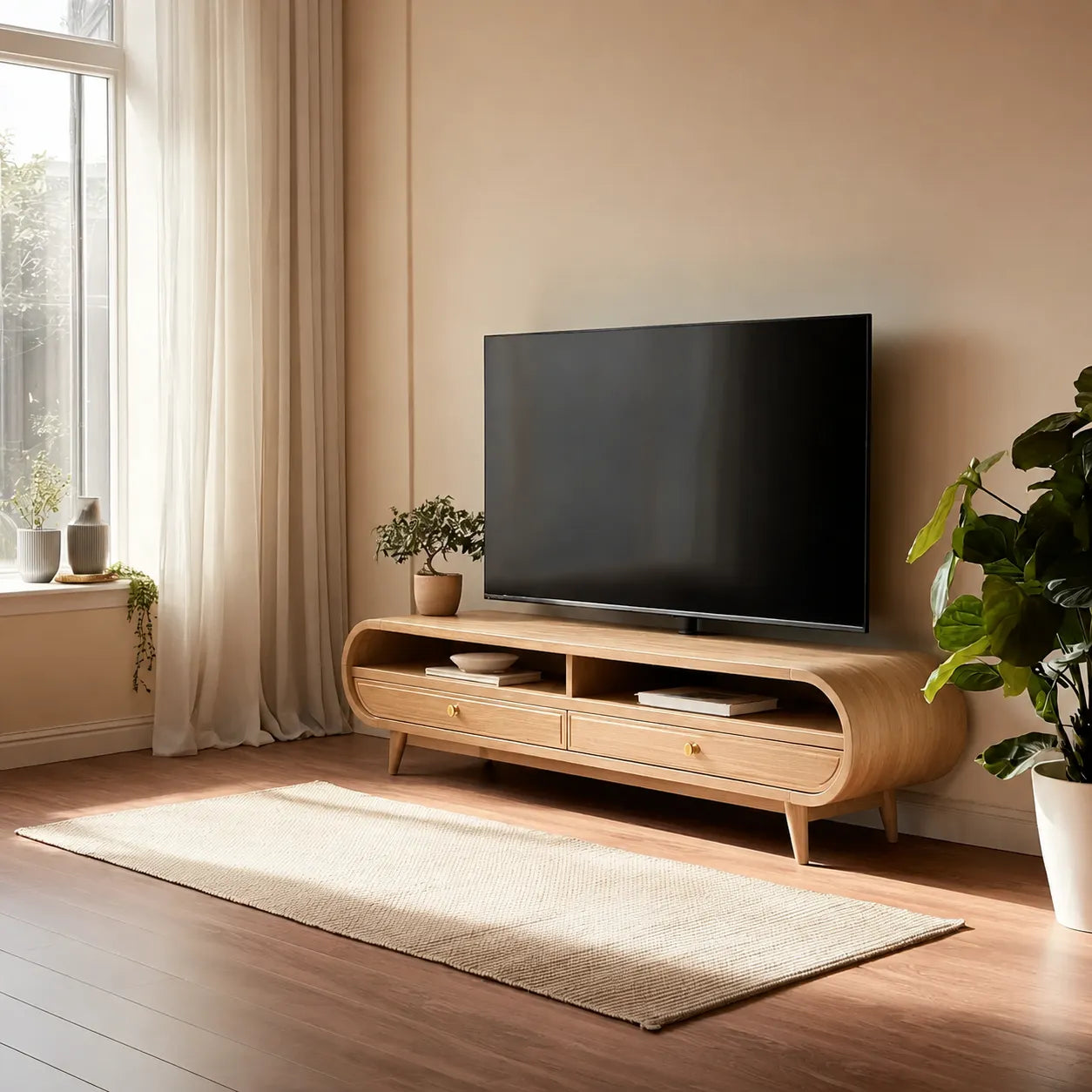 Retro Natural Solid Wood TV Stand with Rounded Edge Media Storage