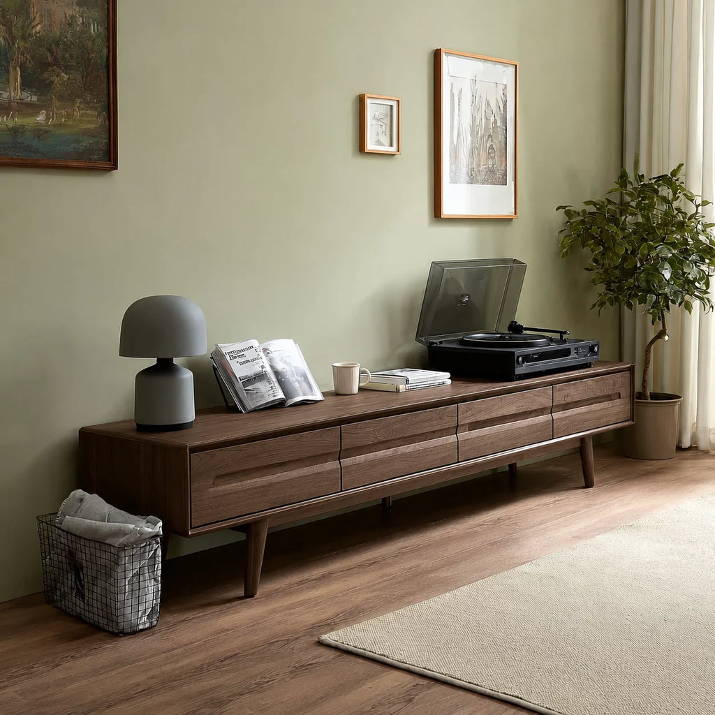 Low Profile Natural Solid Wood TV Stand with Tapered Legs and Drawers