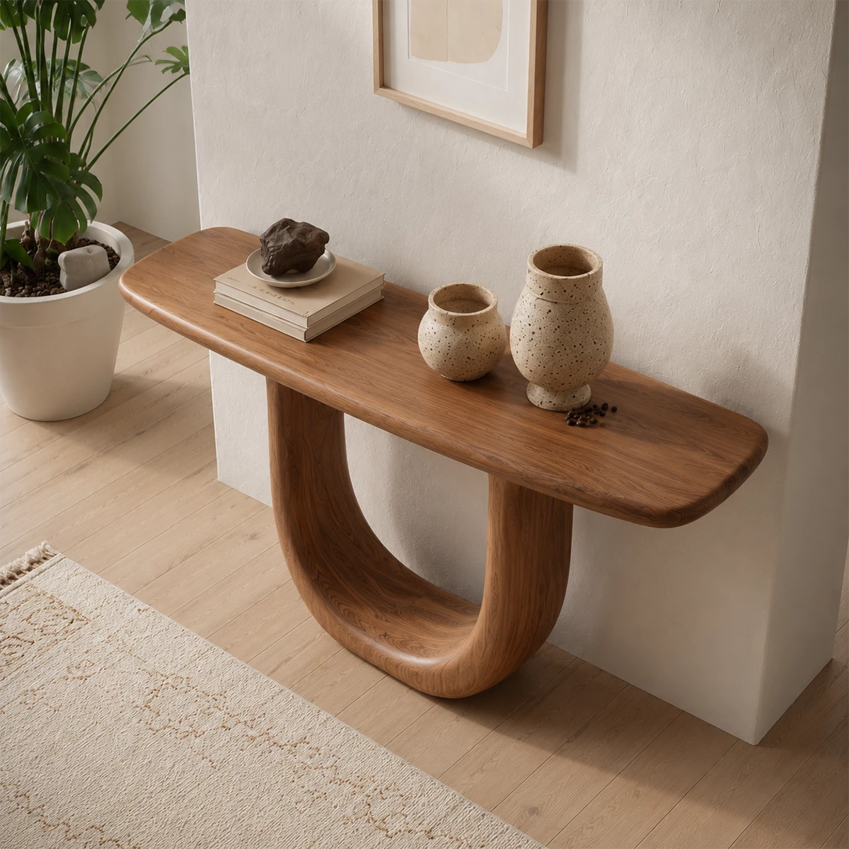 Sculptural U-Shaped Console Table in Natural Solid Wood