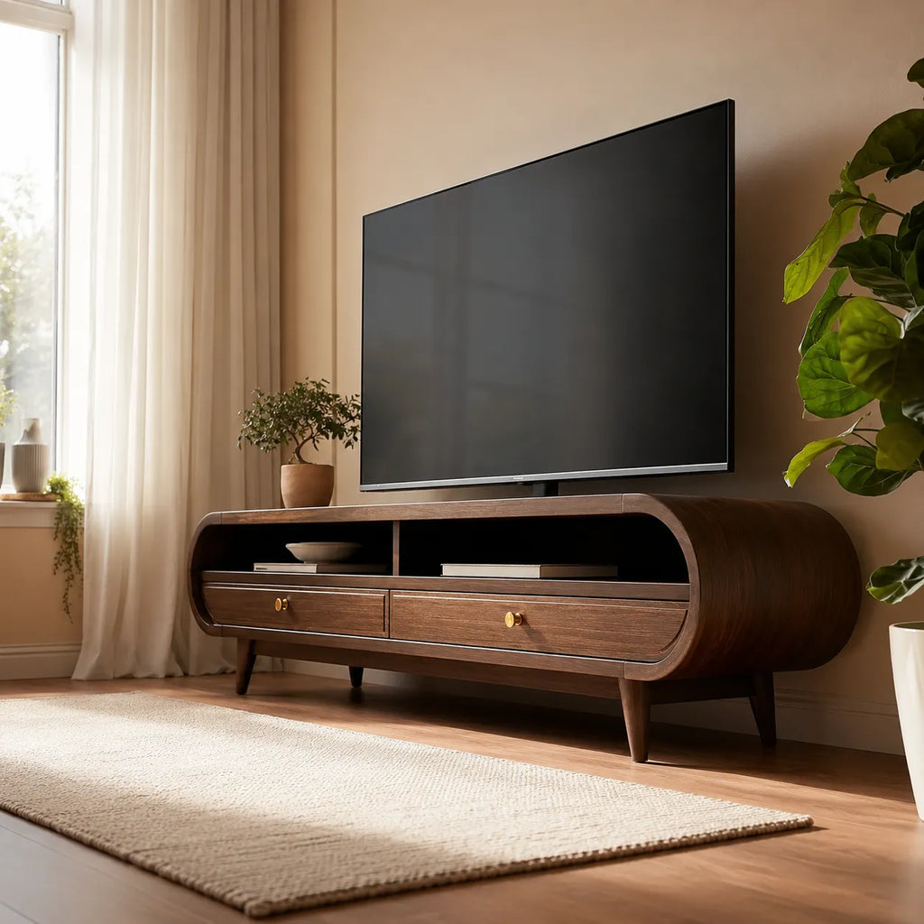 Retro Natural Solid Wood TV Stand with Rounded Edge Media Storage