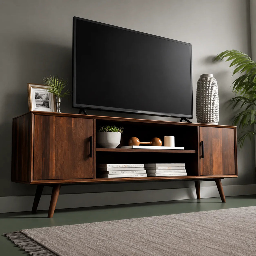 Mid Century Modern TV Stand with Cabinet Storage and Open Shelves