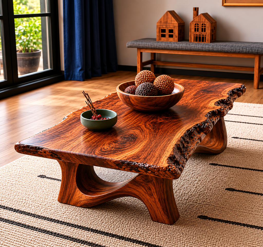 Live Edge Natural Solid Wood Coffee Table with Sculptural Base