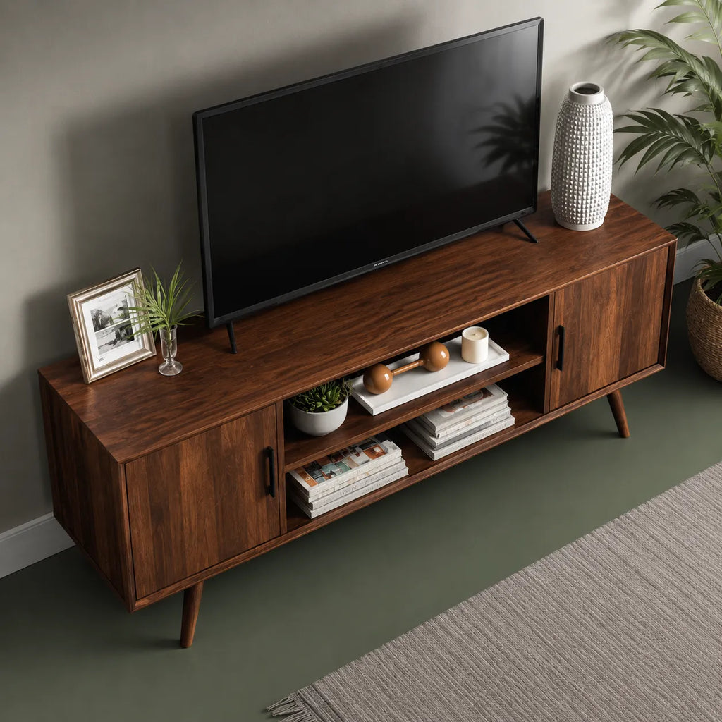 Mid Century Modern TV Stand with Cabinet Storage and Open Shelves
